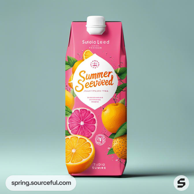 Juice carton with fruit illustrations on a light green background.