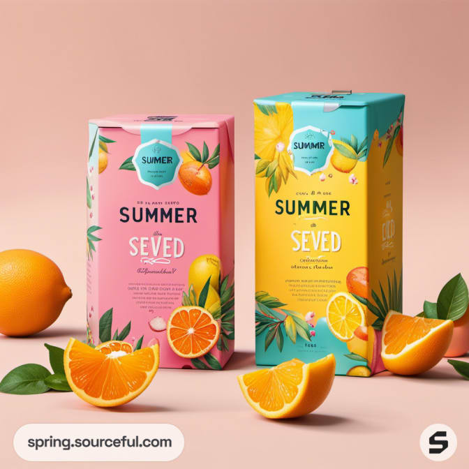 Two pink and teal cartons with fruit designs on a peach background.