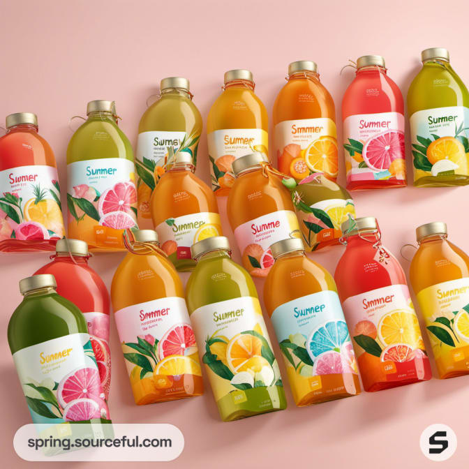 Variety of juice bottles with colorful fruit-themed labels.