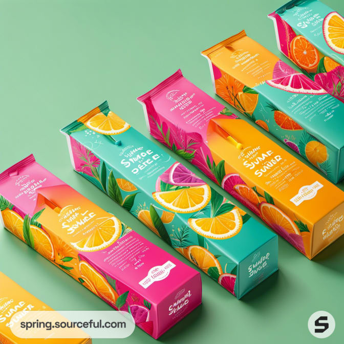 Cartons of fruit juice with bright labels on a green background.