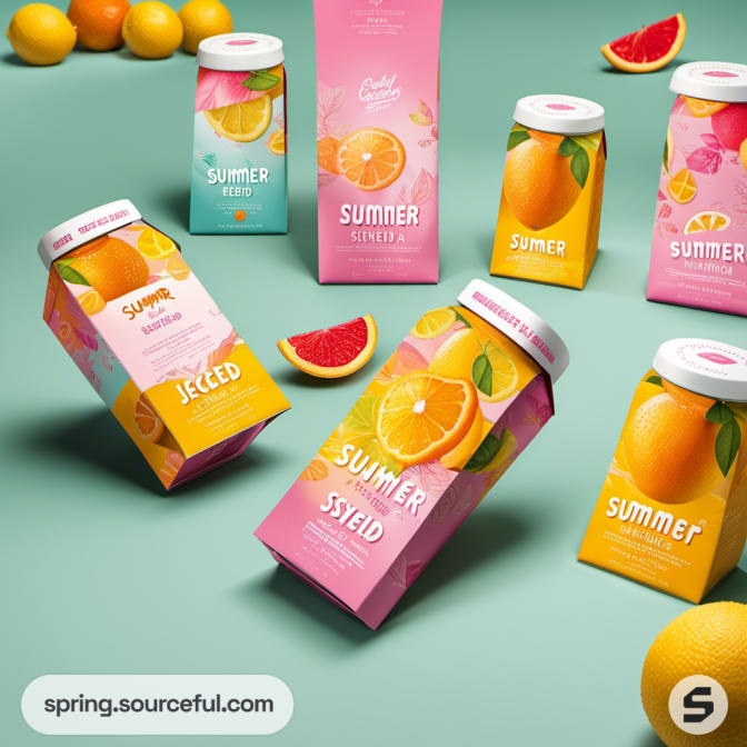 Cartons of summer drinks with fruit graphics on a green background.