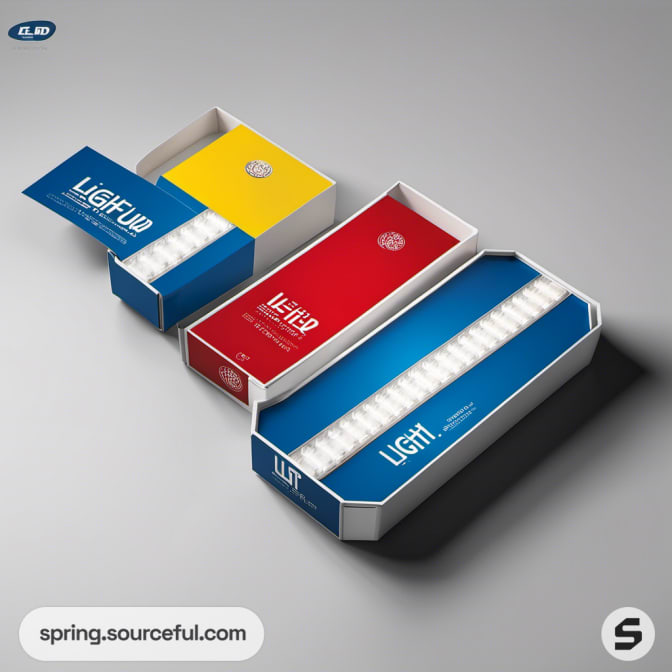 Blue and red open mailer boxes with "Light Up" branding.