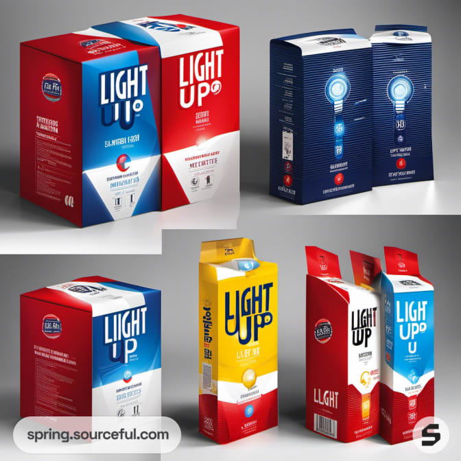 Red and blue cartons with "Light Up" branding displayed.