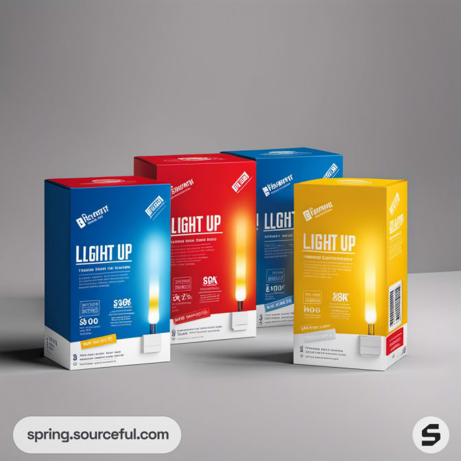 Four "Light Up" branded boxes in different colors.