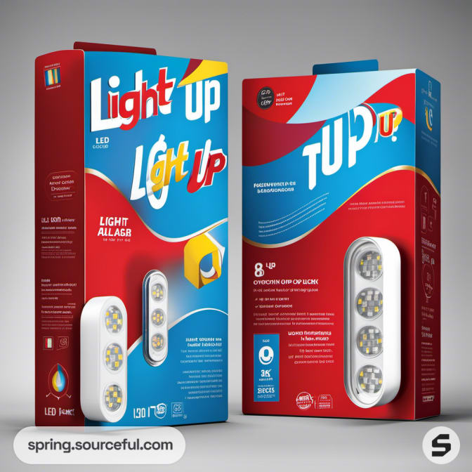 Red and blue product boxes featuring LED designs.