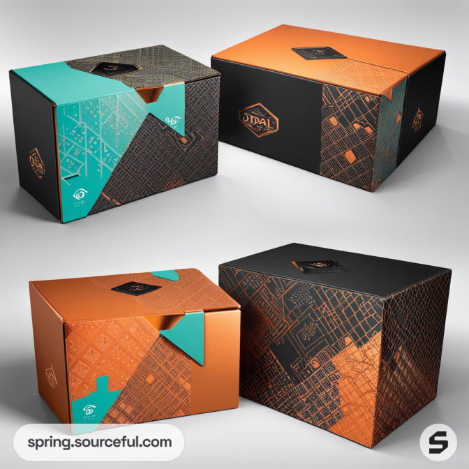 Colorful boxes with abstract orange and teal patterns and geometric designs.