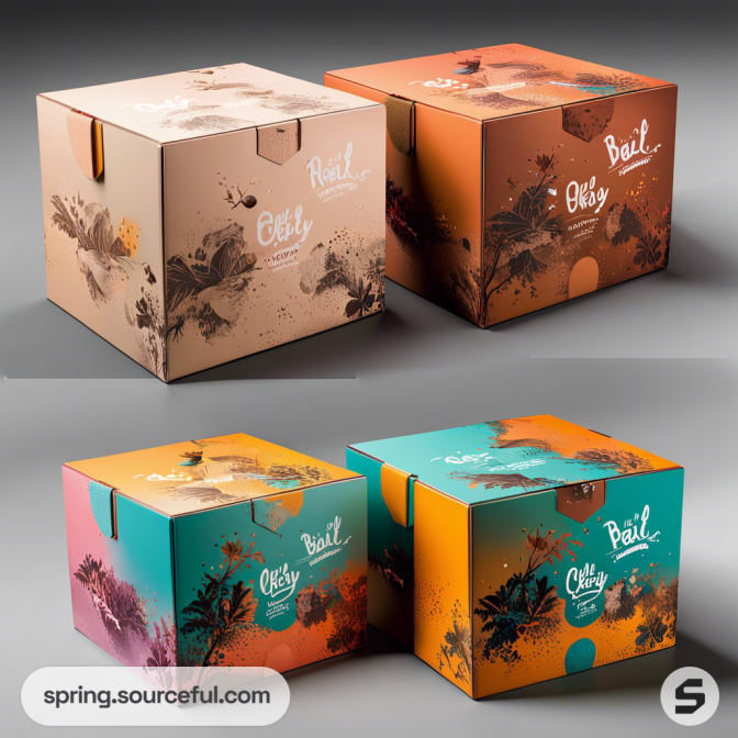 Set of four cube boxes with floral and natural themes in warm earthy tones.