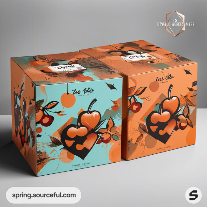 Orange and teal boxes with heart-shaped designs and fruit illustrations.