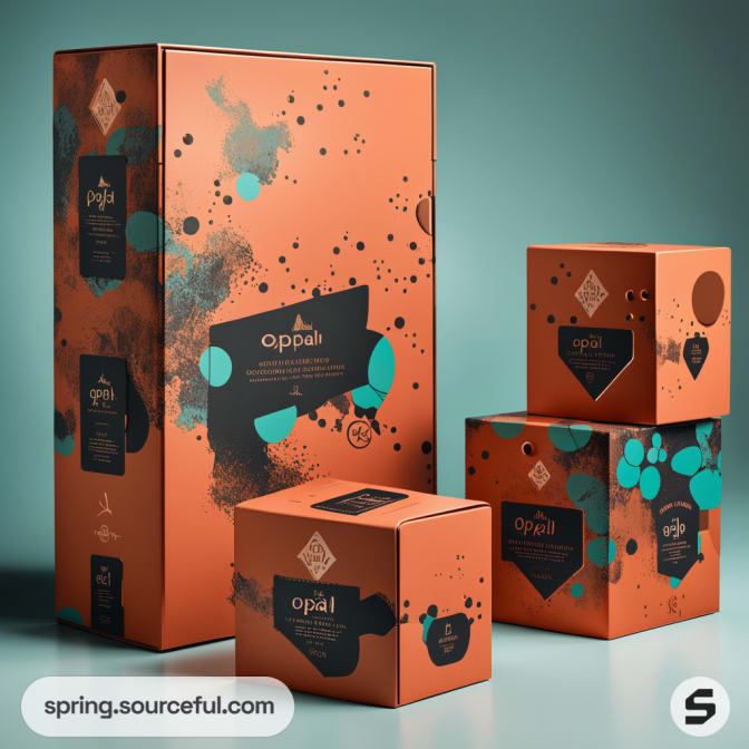Orange and teal patterned boxes with circular motifs and abstract designs.
