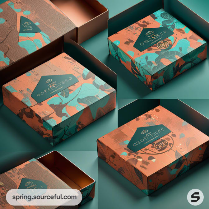 Boxes with teal and orange camouflage-like patterns and layered lids.