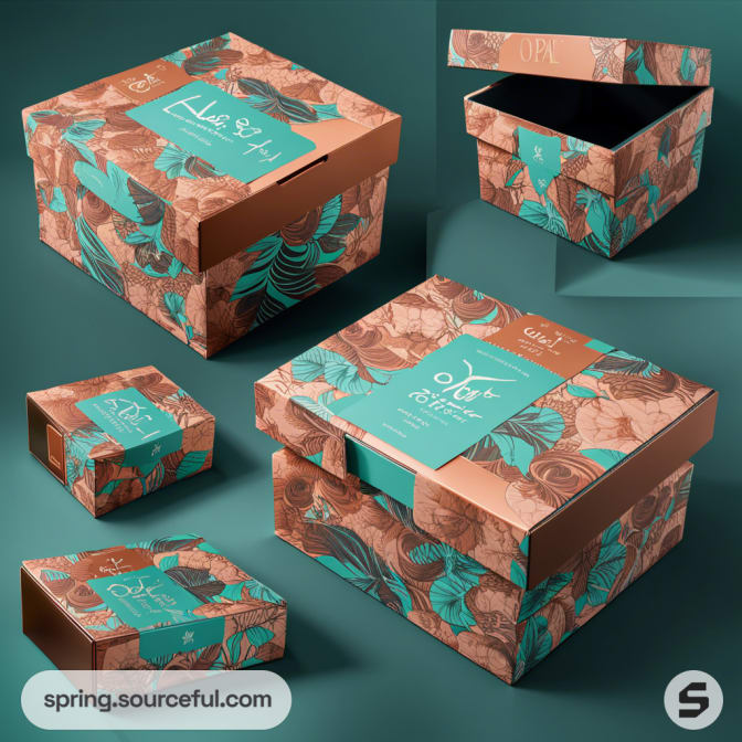 Abstract leaf-themed boxes in teal and copper colors with overlapping designs.
