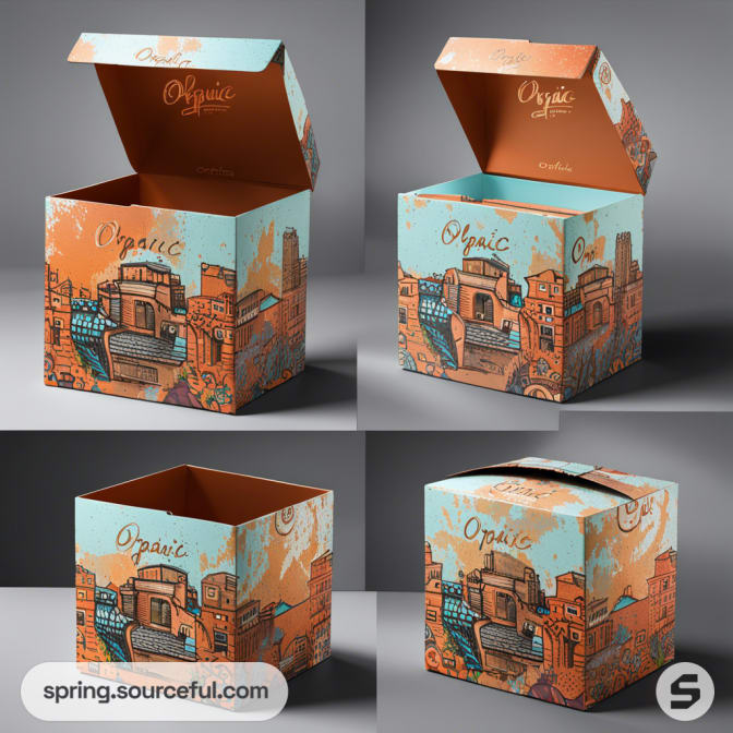 Boxes depicting cityscapes with orange and turquoise illustrations.