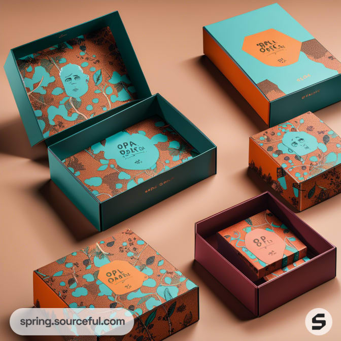 Boxes with teal and orange floral patterns and geometric designs.