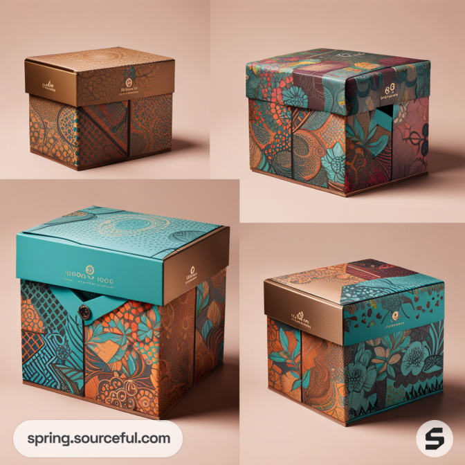 Colorful boxes with floral and geometric patterns in teal, brown, and copper tones.