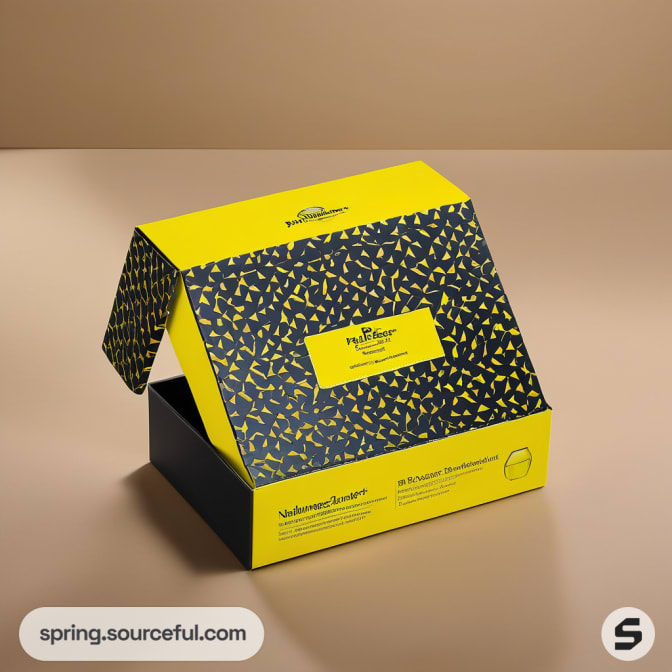 Yellow and black patterned mailer box on a beige background.