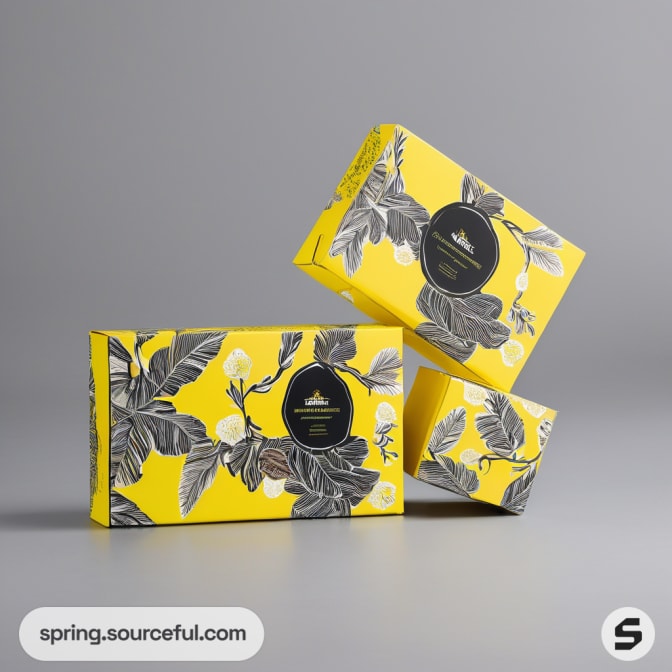 Yellow boxes with black floral design on a gray background.