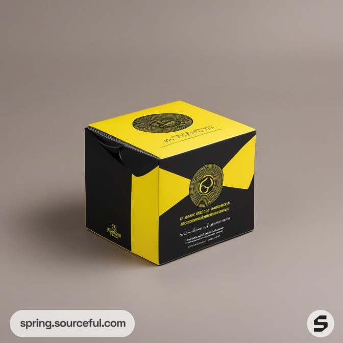 Yellow and black cube box with circular seal design.