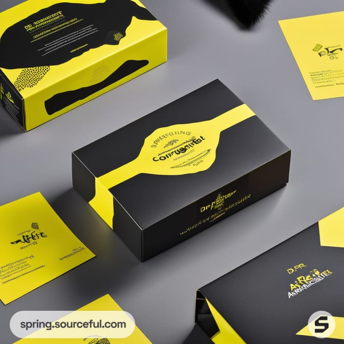 Yellow and black product boxes and brochures on display.