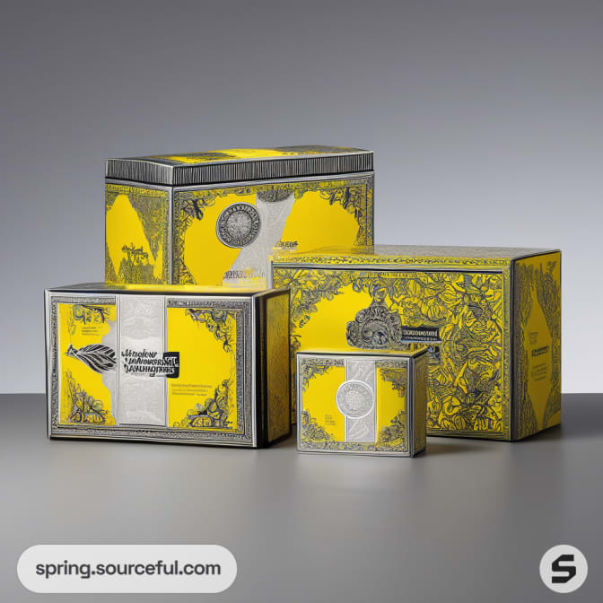 Yellow and gray boxes with intricate artistic design.