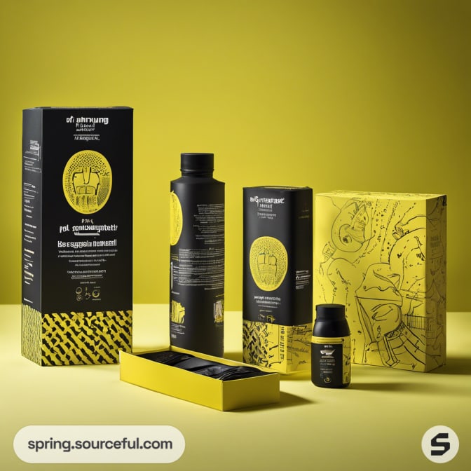 Assortment of black and yellow packaging and bottles.