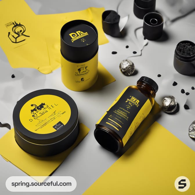 Round yellow container and bottle with black accents on gray background.