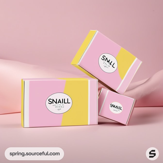 Pink and yellow mailer boxes with white circle labels on a pink background.