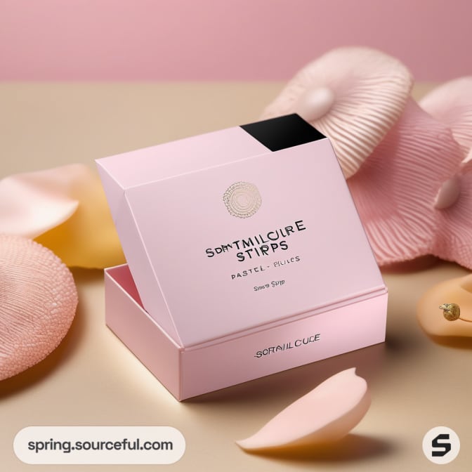 Open pink mailer box with decorative elements on a neutral background.