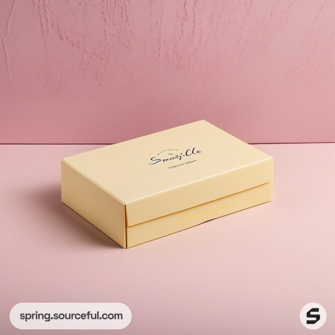 Yellow mailer box with subtle text on a pink textured background.