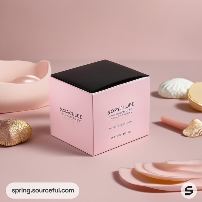 Square pink and black box surrounded by decorative shells.