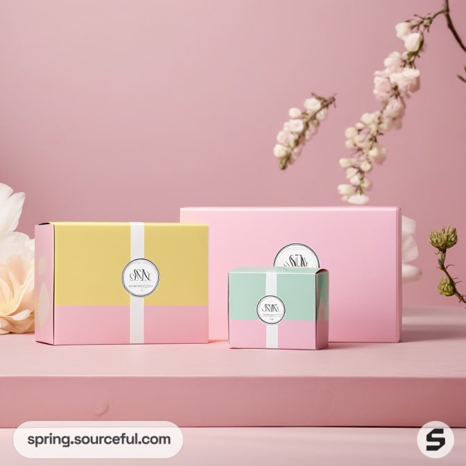 Assorted pink and yellow gift boxes with floral decor in the background.