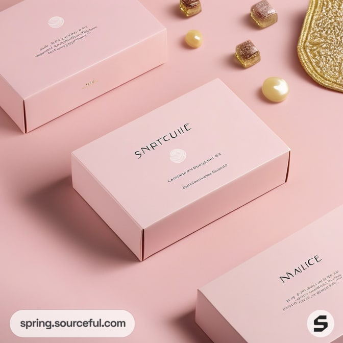 Pink mailer boxes with minimal text and decorative sweets.