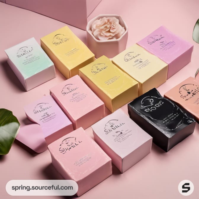 Assorted small colorful boxes, including black, on a pink background.