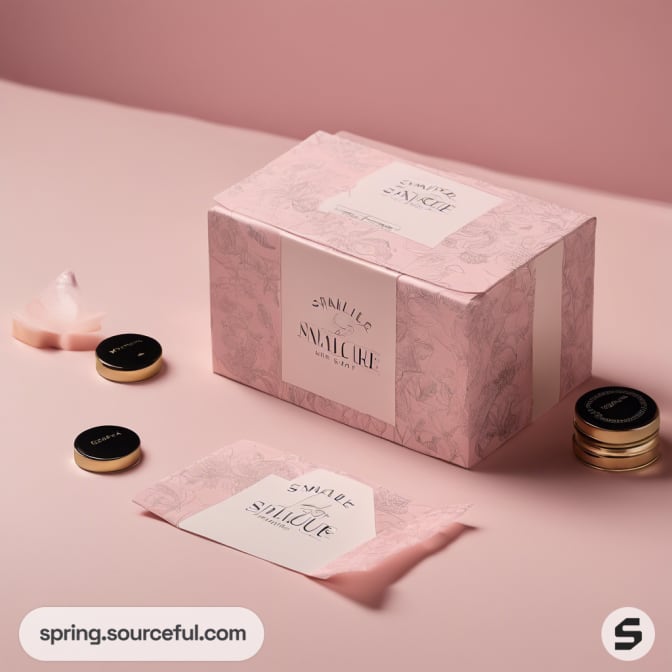 Pink floral-patterned box with small gold containers on the side.