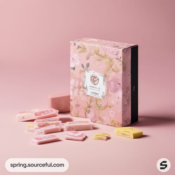 Pink floral-patterned box with pastel-colored contents on a pink background.