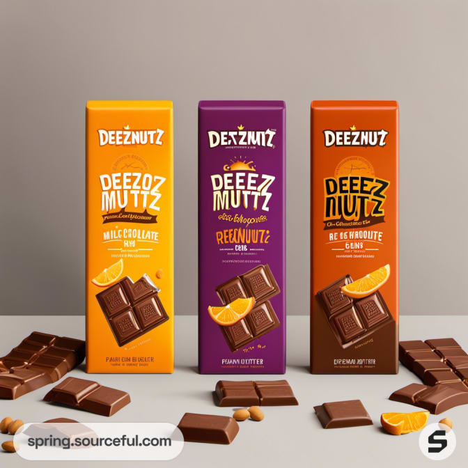 Three chocolate bars in elegant packaging, flavors include milk chocolate and orange.