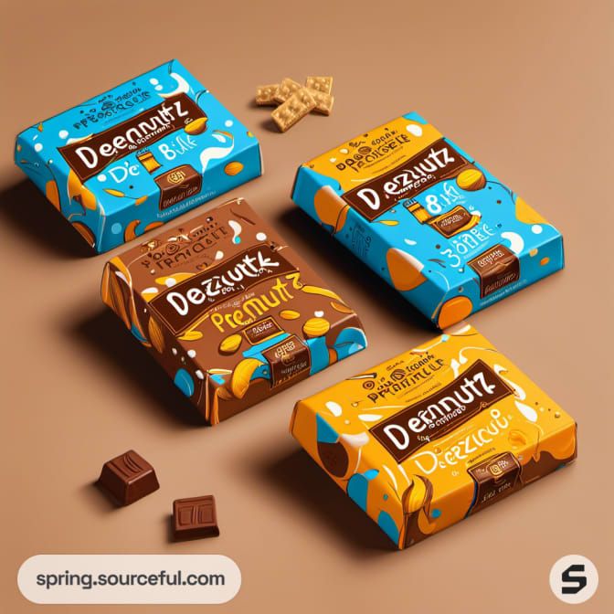 Square-shaped chocolate packages with splash designs in various colors, showcasing nut elements.