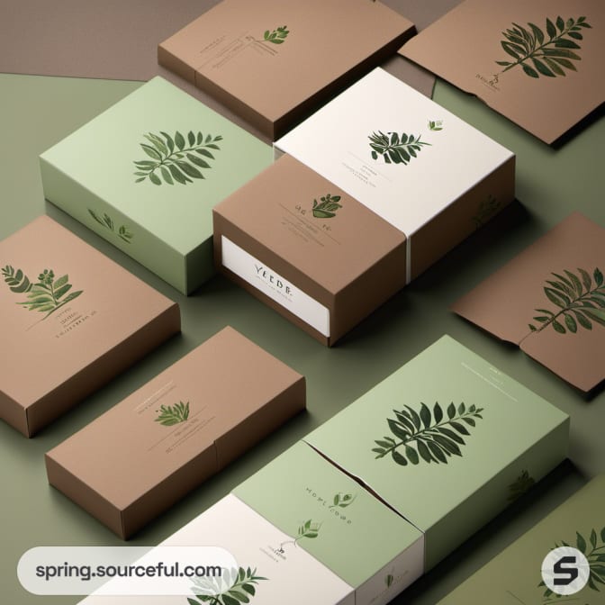Green and brown boxes with subtle leaf designs.
