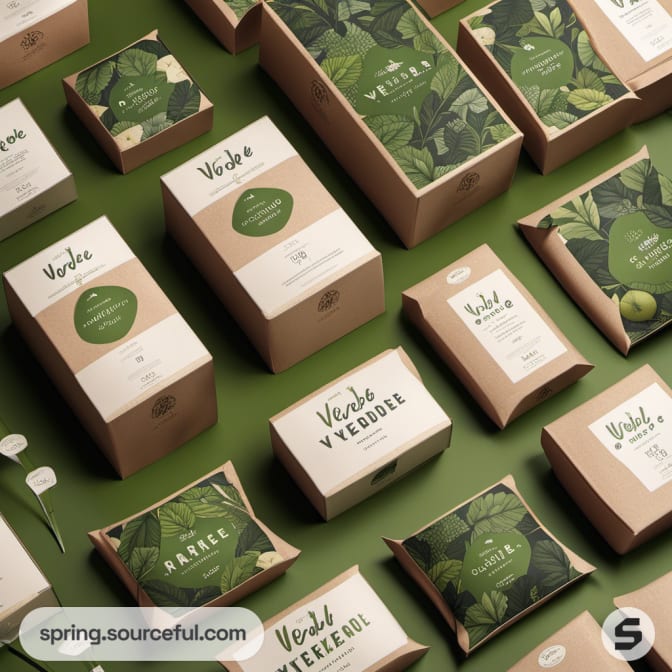 Various green packaging with leaf designs and 'VERDE' text.