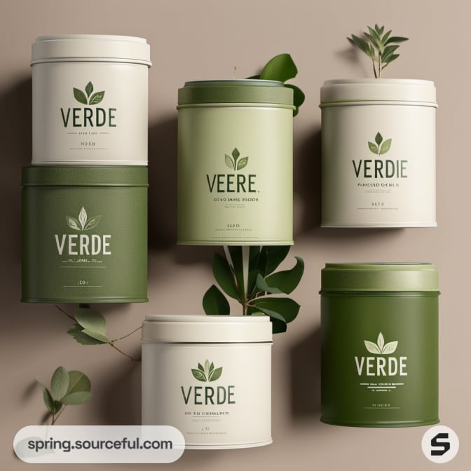 Green tins with leaf designs and 'VERDE' text.