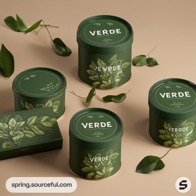 Dark green tins with leafy designs and 'VERDE' text.