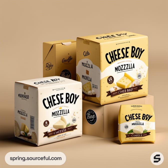 Assorted yellow and white Cheese Boy boxes with mozzarella illustrations on a beige background.