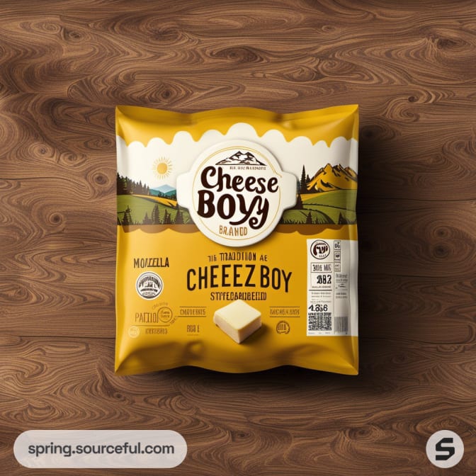 Cheese Boy branded pack with mozzarella illustration, set on a wooden surface.