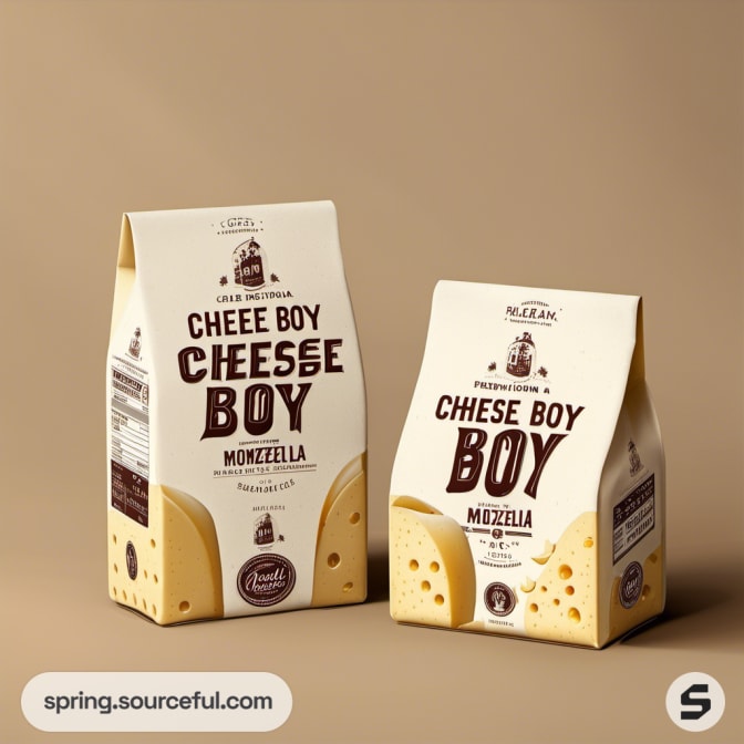 Two Cheese Boy bags with cheese prints on a light brown backdrop.