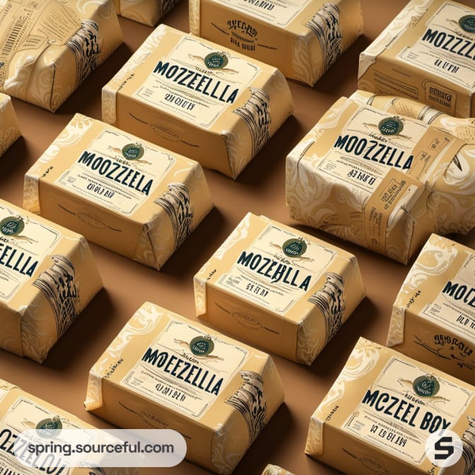 Blocks of mozzarella cheese wrapped in beige paper marked 'Mozzella Boy'.