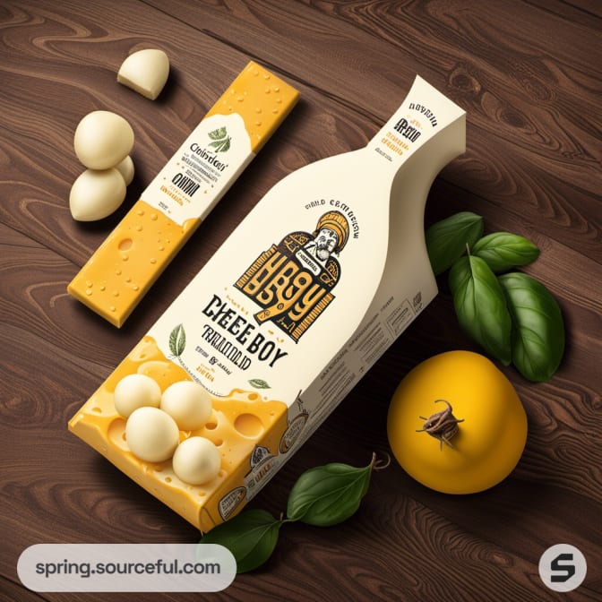 Bottle-shaped Cheese Boy package with cheese balls and basil leaves on a wooden surface.