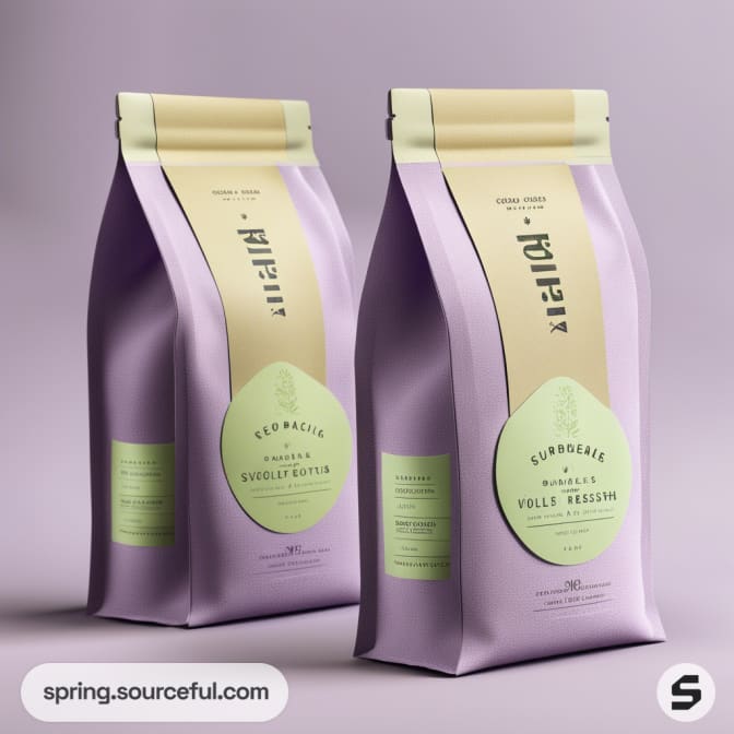 Lavender coffee bags with green labels and minimalist design.