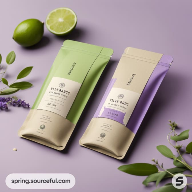 Two resealable pouches with plant illustrations; one green and one purple. A cut lime and various herbs are scattered around.