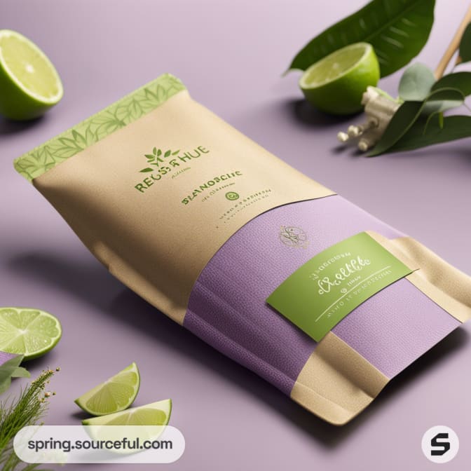 Green and purple resealable pouch with lime and leaves on a purple surface.