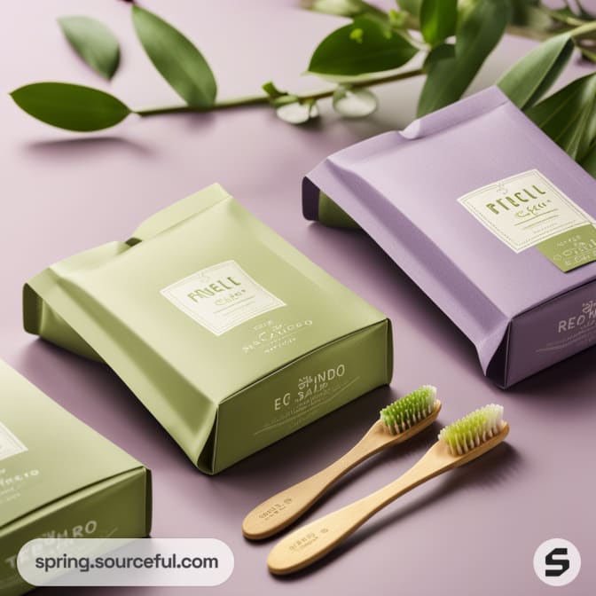 Eco-friendly toothbrushes with purple and green soap bars on a lavender surface with green leaves.