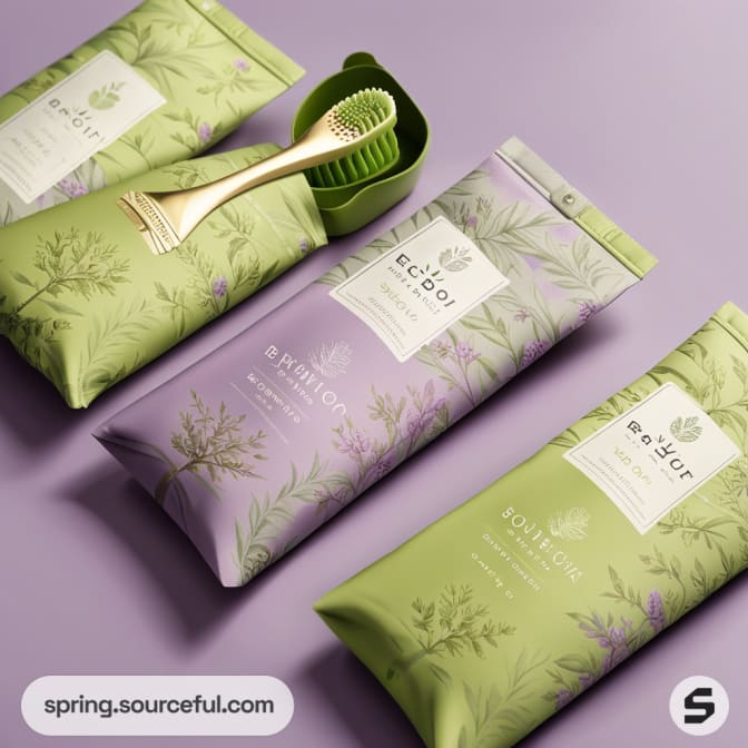 Green and lavender eco-friendly toothpaste tubes with botanical patterns on a purple background.